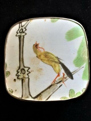 Vintage Chinese Porcelain Shard Silver Plate Trinket Box Yellow Brown Bird 3.  25 "