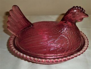 Vintage Indiana Glass Cranberry Hen On Nest Covered Chicken Candy Dish 5 1/2 " T