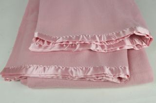 Vintage Large Pink Woven Acrylic Satin Nylon Trim Blanket 70 