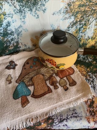 Vintage 70s Kitchen Hand Dish Towel Cloth Mushrooms Psychedelic & Pan W/ Lid
