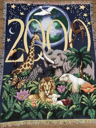 Vtg The Year 2000 Wildlife Animal Nature Print Woven Throw Blanket - 66 " X 50 "