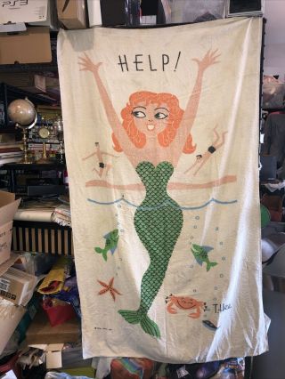 Vintage Beach Towel Red Hair Mermaid Pin - Up Girl Beach Scene 1960’s Artist T.  Hee