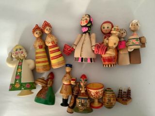Vintage Russian Folk Art Wooden Figurines Dolls And Misc Items