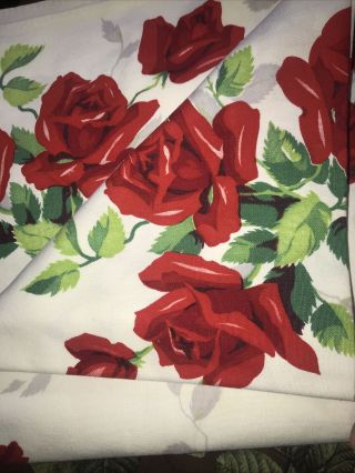 Vintage Red Roses Floral Tablecloth / 4 Napkin Cotton Linen Square 54 X 52”