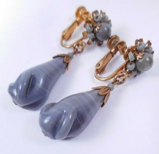 Vtg Signed Miriam Haskell Lavender Gray Poured Glass Drop Dangle Earrings