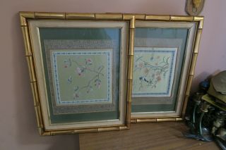 Set Of 2 Vintage Oriental Chinese Silk Embroidery Panel Tapestry Doily Framed