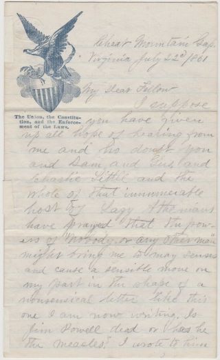 Civil War Soldier Letter Cheat Mountain Gap W Va - Battle Of Rich Mountain