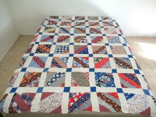 Full Vintage Feed Sack Hand Pieced Crazy Squares String Quilt Top W/ Backing