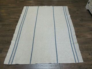 Vintage Thick Heavy Wool Camp Cabin Blanket Light Beige Blue Striped 52 " X 68 "