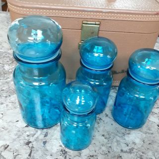 Vintage Belgium Blue Glass Apothecary Jar Set With Glass Bubble Tops
