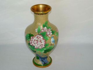 Vintage Asian Chinese Cloisonne Vase With Flowers & Bird 10 1/4 Inches Tall