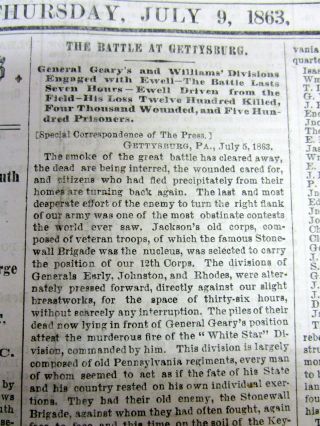 1863 Philadelphia Civil War Headline Display Newspaper With Battle Of Gettyburg