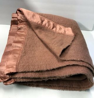 Vintage Pink Wool Blanket With Satin Trim 70 " X 76 " Salmon