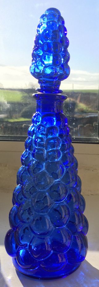 Vintage Deep Blue Bubble Mcm Italian Empoli Genie Bottle Decanter 60s Hobnail