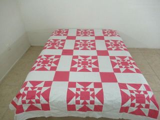 Full Vintage Machine Pieced All Cotton Pink & White Double Ohio Star Quilt Top