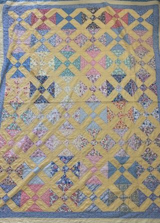 Vintage Handmade Patchwork X Pattern Quilt Blanket 50s Fabric 66”x 82”