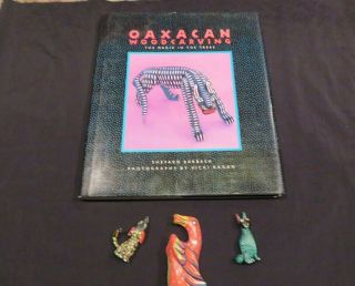 3 Vintage Oaxacan Alebrije Wood Carvings Cat,  Dog,  Duck/goose & Book