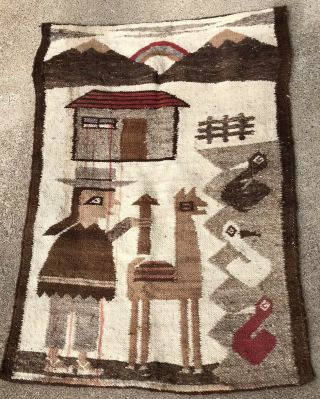 Old Weaving Hand Woven Wool 36 X 25 Throw Blanket Rug Wall Hanging