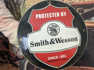 Old Vintage Smith And Wesson Porcelain Advertising Gas & Oil Sign Ammo Shells