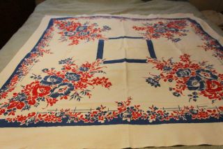 Vintage Cotton Tablecloth W/ Bright Red And Blue Flowers 48x48