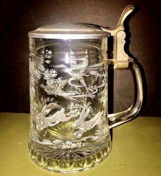 Bmf W Germany Etched Glass Beer Stein Mug W/ Pewter Lid Rabbits & Pheasants