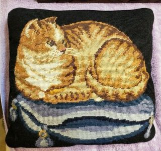 Finished Needlepoint Pillow Orange Tabby Cat On Luxury Pet Bed