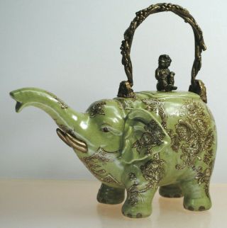 Collectible Porcelain Elephant Teapot Floral Decoration & Brass