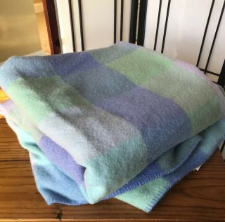 Ll Bean Washable Wool Twin Blanket Check Blue Pink Purple Green 60” By 88”