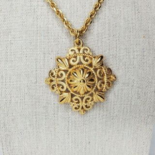 Vintage Crown Trifari Gold Tone Necklace Ornate Pendant Brushed Shiny Signed