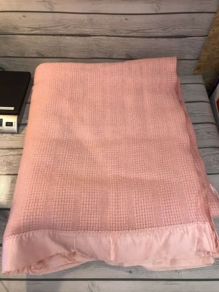 Faribo Pink Wool Blanket Vintage Usa Made Woolen Mills 76x87 Satin Trim