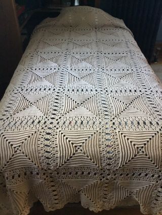 Vintage Crocheted Coverlet Bed Spread Ecru Handmade 94 X 90