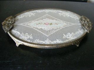 Vintage Brass Petit Point & Lace Dressing Table Oval Tray