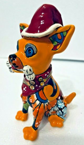 Mexican Pottery Chihuahua Figure Talavera Dog Santa Hat Christmas Gerardo Garcia