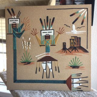 Vintage Healing God Navajo Sand Painting 12 X 12 Signed By Artist