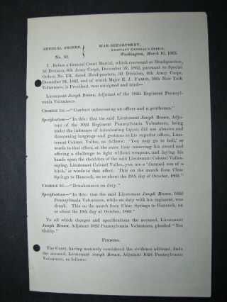 1863 Civil War General Orders No.  62,  Lt.  Joseph Brown Dismissed For Drunkenness