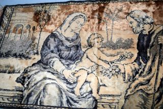 Vintage Baby Jesus Mary and Joseph Tapestry Wall Hanging Rug 39 X 20 Soft Velvet 2