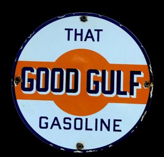 Vintage 1950’s Good Gulf Gasoline 12” Porcelain Sign Car Auto Truck Road Oil Gas