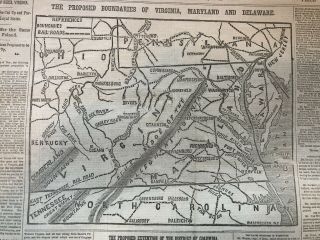 1861 Civil War Newspaper Front Page Boundary Map Virginia Maryland