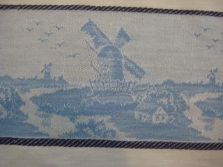 Vintage Dutch Windmill Blue & White Woven Cotton Fabric Tablecloth 57 X 58