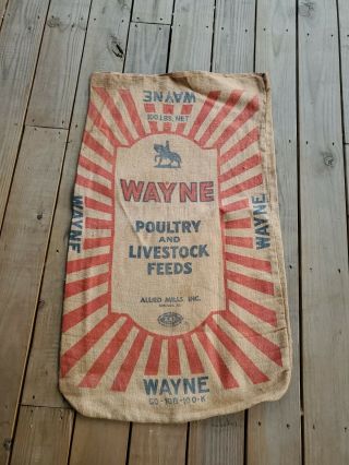 Vintage Burlap Grain Sack Feed Bag Wayne Poultry Livestock 100 Lbs Antique Farm