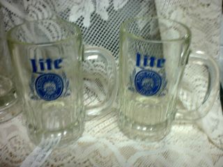 (2) Vintage Miller Lite Glass Beer Mug With Handle.  Ribbed Base.  5 1/2 " Tall