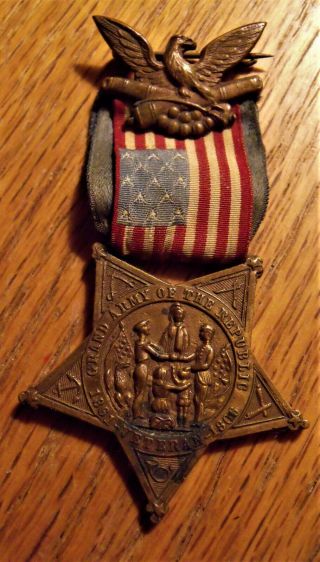 Rare Early Civil War G.  A.  R.  Badge Medal Flag Ribbon Patent Date 1869