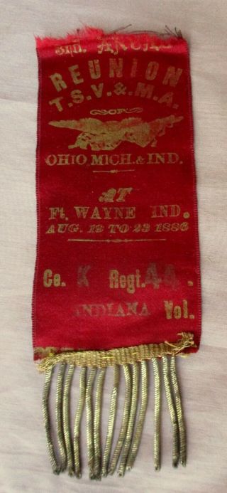 Antique Indiana Regiment 44 3 Rd Annual Civil War Reunion Ribbon Ohio & Mich