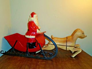 Vintage Hard Plastic Santa Sleigh & Reindeer Christmas Blow Mold Light Window Sz