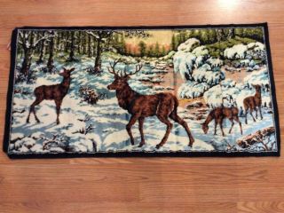 Vintage Made In Italy 20” X 38” Deer Stag Doe Fawn Tapestry Velvet Forest Sunset