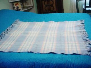 Vtg Carl Dyke Throw Lap Blanket 100 Wool Blue Plaid Small Fringe Thick 31x41 "