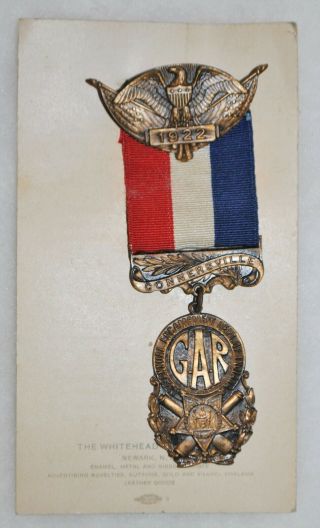 1922 G.  A.  R.  Badge - 43rd Annual Encampment Dept.  Of Indiana On Card