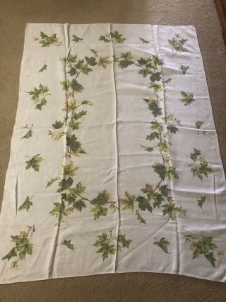 Vintage Mcm 48 X 69 Linen Tablecloth Leaves Green/yellow/brown