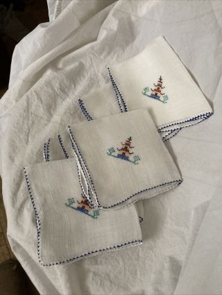 Vintage Linen Tablecloth & 8 Napkins Set Embroidered Art Deco Asian Euc 34 X 34