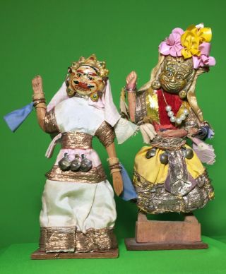 Vintage Nepal National Wood Doll (s) Tin Mask Faces • Traditional Hindu India